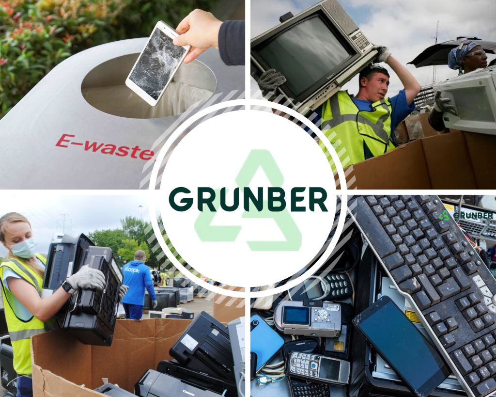 Four photos of electronic waste.