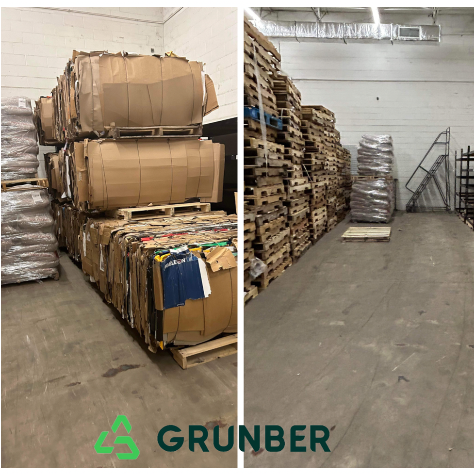 Two photos showing a before and after of a warehouse filled with cardboard boxes and then emptied of the cardboard boxes.